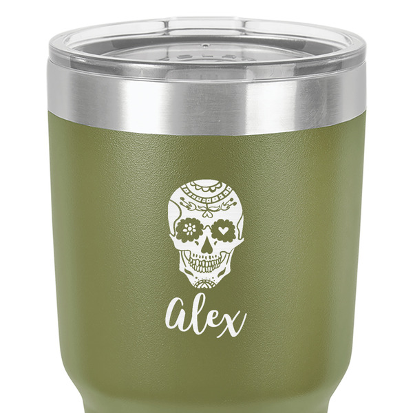 Sugar Skulls & Flowers 30 oz Stainless Steel Ringneck Tumbler - Olive - Close Up