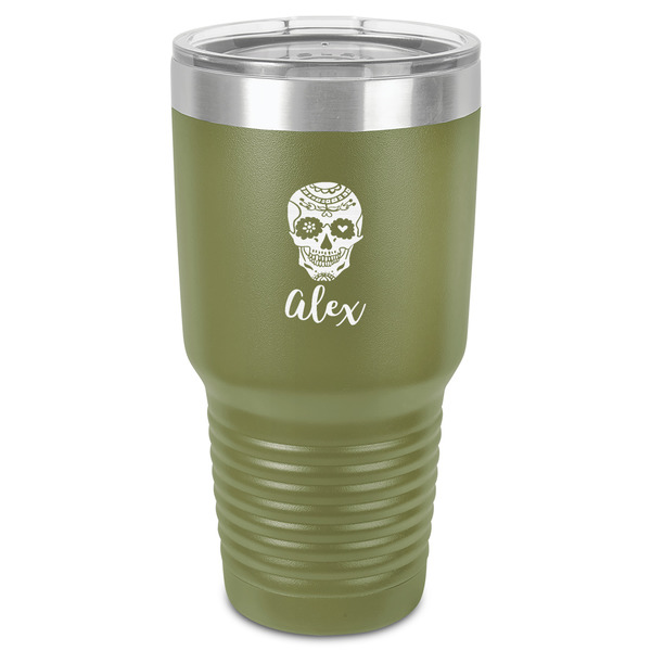 Custom Sugar Skulls & Flowers 30 oz Stainless Steel Tumbler - Olive - Single-Sided (Personalized)