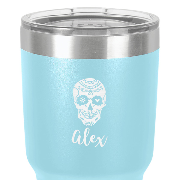Sugar Skulls & Flowers 30 oz Stainless Steel Ringneck Tumbler - Teal - Close Up