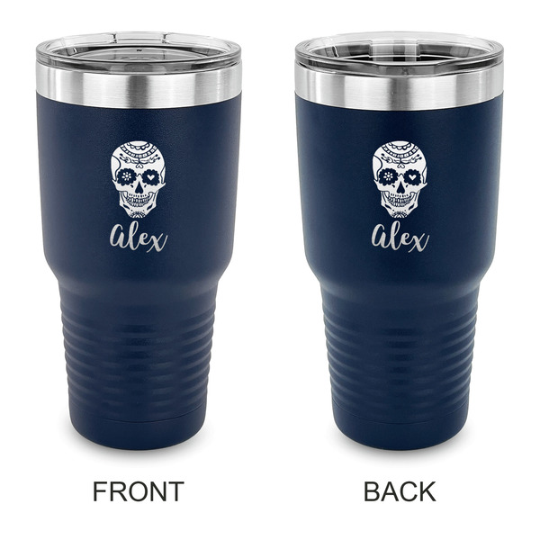 Custom Sugar Skulls & Flowers 30 oz Stainless Steel Tumbler - Navy - Double Sided (Personalized)