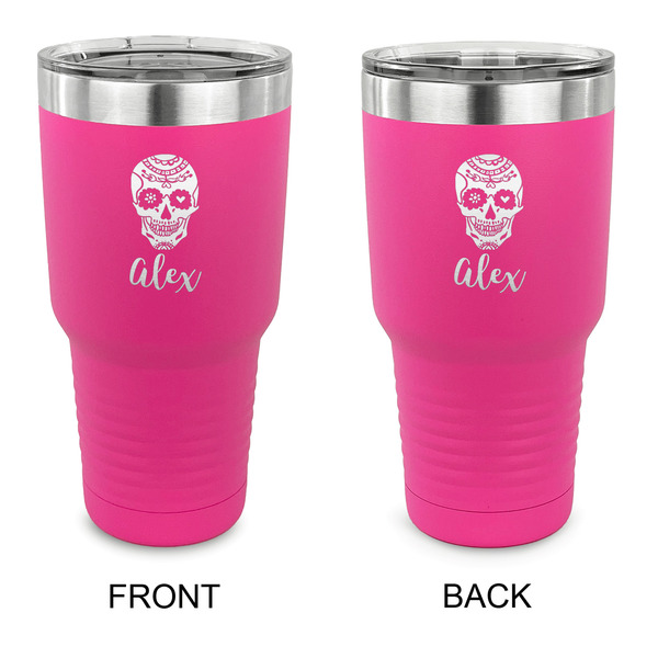 Custom Sugar Skulls & Flowers 30 oz Stainless Steel Tumbler - Pink - Double Sided (Personalized)