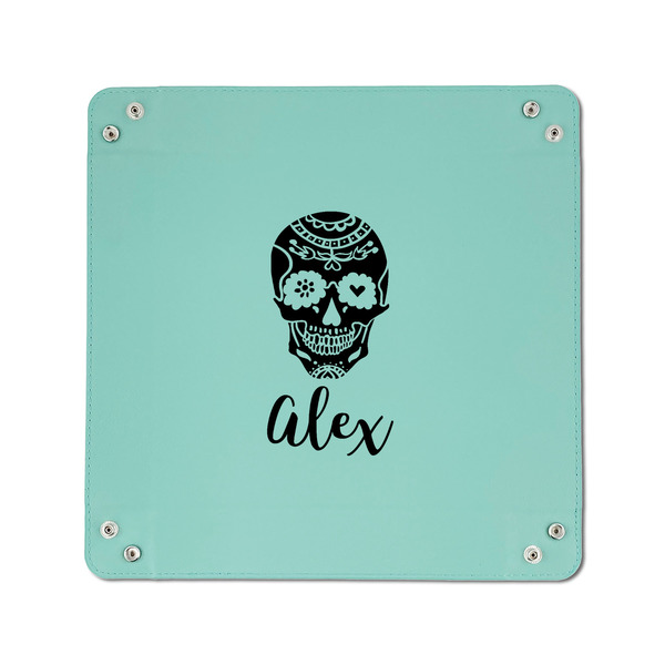 Sugar Skulls & Flowers 6" x 6" Teal Leatherette Snap Up Tray - APPROVAL