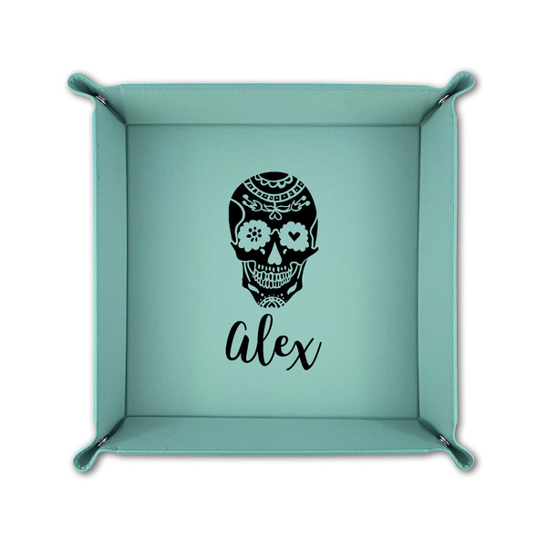 Sugar Skulls & Flowers 6" x 6" Teal Leatherette Snap Up Tray - FOLDED UP