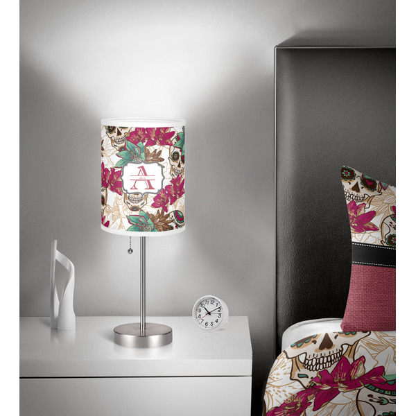 Sugar Skulls & Flowers 7 inch drum lamp shade - in room
