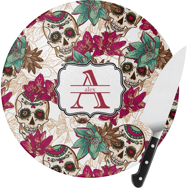 Custom Sugar Skulls & Flowers Round Glass Cutting Board - Small (Personalized)