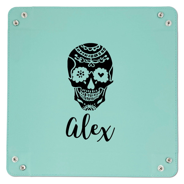 Sugar Skulls & Flowers 9" x 9" Teal Leatherette Snap Up Tray - APPROVAL