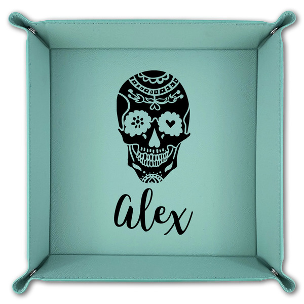 Sugar Skulls & Flowers 9" x 9" Teal Leatherette Snap Up Tray - FOLDED