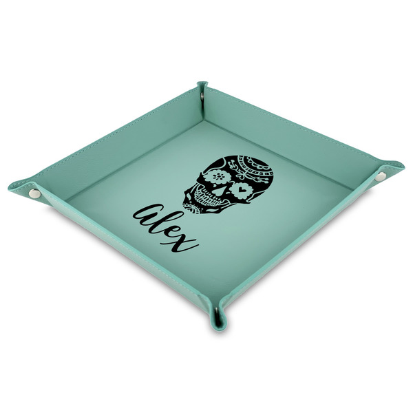 Custom Sugar Skulls & Flowers 9" x 9" Teal Faux Leather Valet Tray (Personalized)