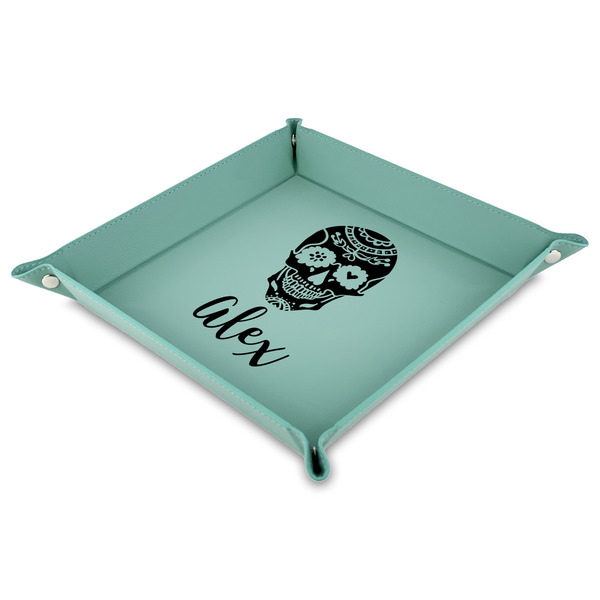 Custom Sugar Skulls & Flowers Faux Leather Dice Tray - 9" x 9"  - Teal (Personalized)
