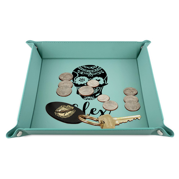 Sugar Skulls & Flowers 9" x 9" Teal Leatherette Snap Up Tray - STYLED