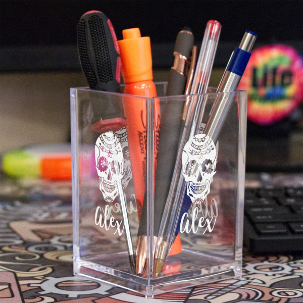 Sugar Skulls & Flowers Acrylic Pen Holder - In Context
