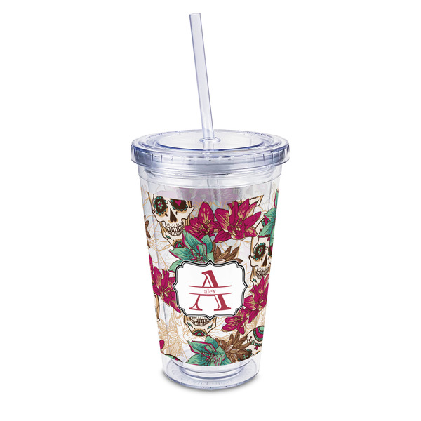 Custom Sugar Skulls & Flowers 16oz Double Wall Acrylic Tumbler with Lid & Straw - Full Print (Personalized)