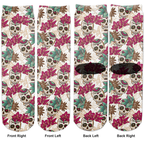Sugar Skulls & Flowers Adult Crew Socks - Double Pair - Front and Back - Apvl