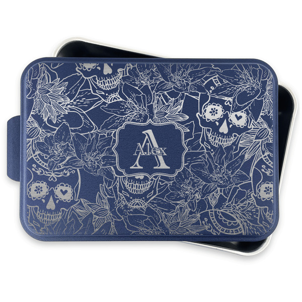 Sugar Skulls & Flowers Aluminum Baking Pan - Navy Lid - FRONT w/lid off