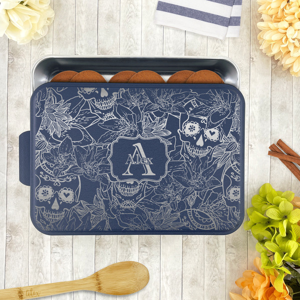 Sugar Skulls & Flowers Aluminum Baking Pan - Navy Lid - LIFESTYLE
