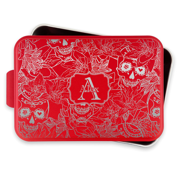 Sugar Skulls & Flowers Aluminum Baking Pan - Red Lid - FRONT w/lif off