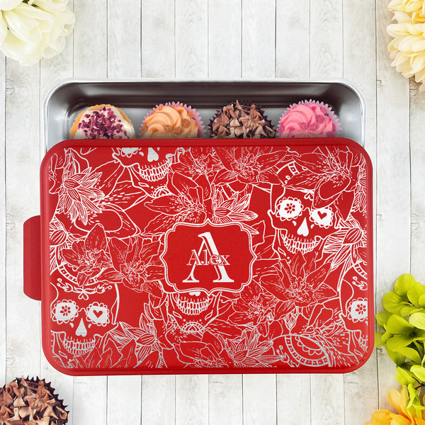 Sugar Skulls & Flowers Aluminum Baking Pan - Red Lid - LIFESTYLE