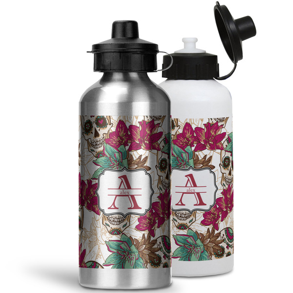 Sugar Skulls & Flowers Aluminum Water Bottles - MAIN (white &silver)