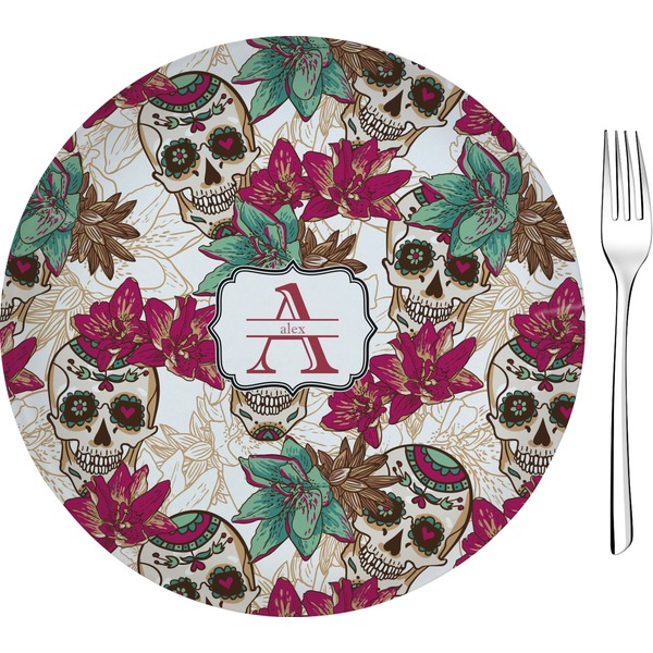 Custom Sugar Skulls & Flowers Glass Appetizer / Dessert Plate 8" (Personalized)
