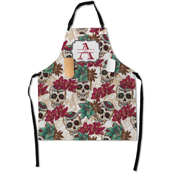 Custom Sugar Skulls & Flowers Apron With Pockets w/ Name and Initial