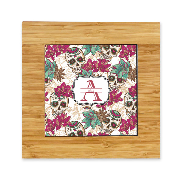 Custom Sugar Skulls & Flowers Bamboo Trivet with Ceramic Tile Insert (Personalized)