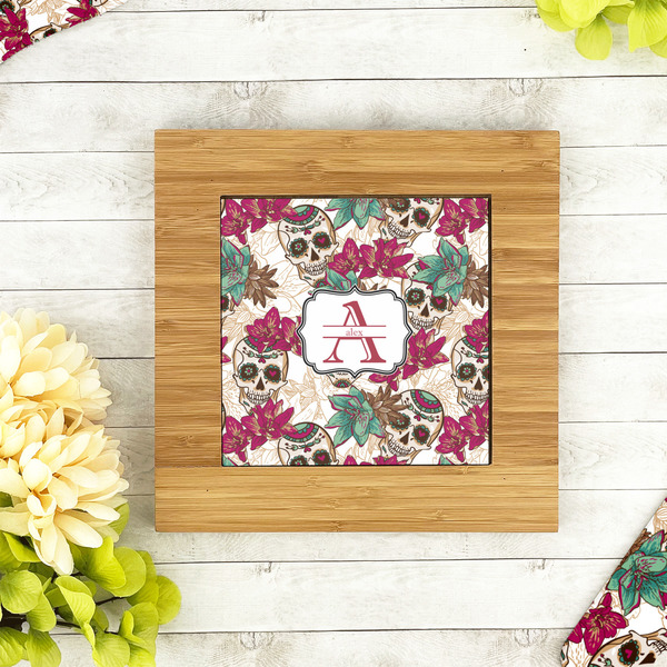Sugar Skulls & Flowers Bamboo Trivet with 6" Tile - LIFESTYLE