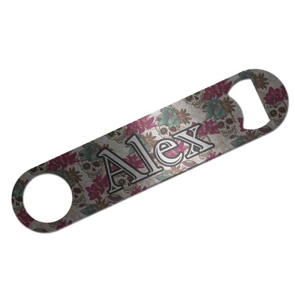 Custom Sugar Skulls & Flowers Bar Bottle Opener - Silver w/ Name and Initial