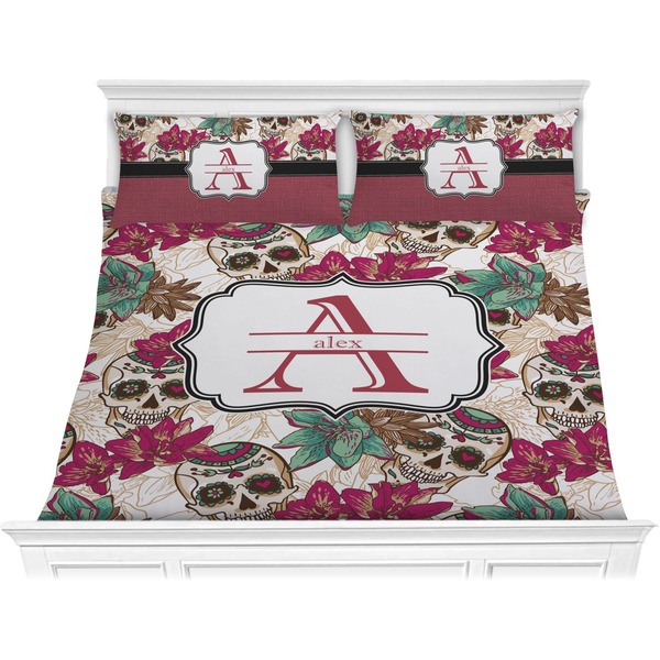 Custom Sugar Skulls & Flowers Comforter Set - King (Personalized)
