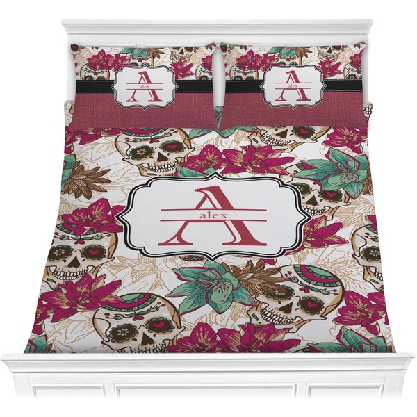 Custom Sugar Skulls & Flowers Comforter Set - Full / Queen (Personalized)