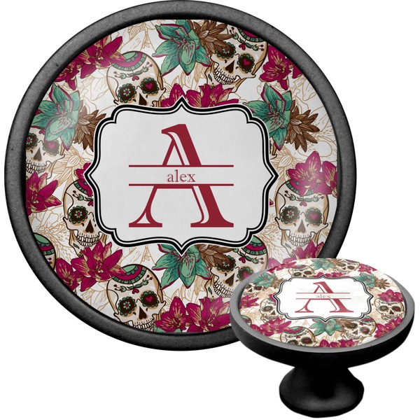 Custom Sugar Skulls & Flowers Cabinet Knob (Black) (Personalized)