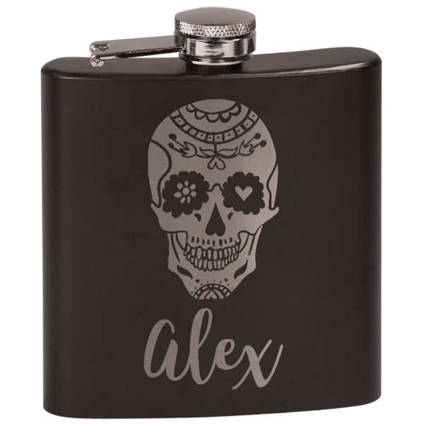 Custom Sugar Skulls & Flowers Black Flask Set (Personalized)