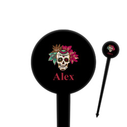 Sugar Skulls & Flowers 4" Round Plastic Food Picks - Black - Single Sided (Personalized)