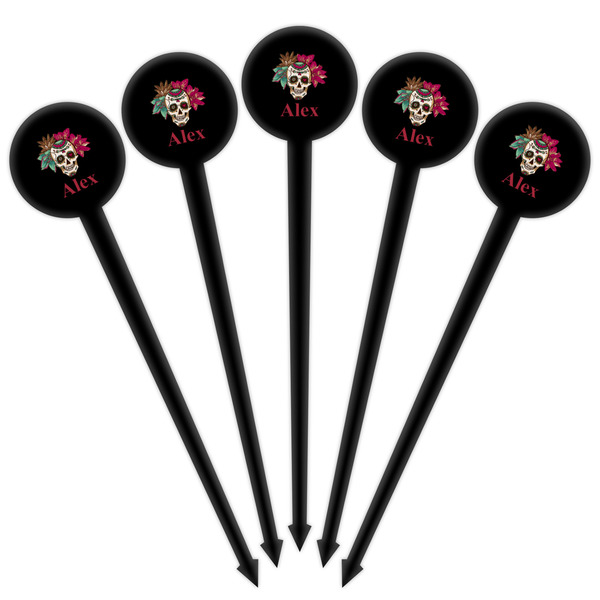 Sugar Skulls & Flowers Black Plastic 4" Food Pick - Round - Fan View
