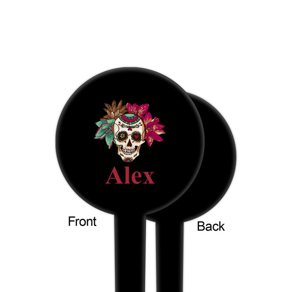 Sugar Skulls & Flowers Black Plastic 4" Food Pick - Round - Single Sided - Front & Back