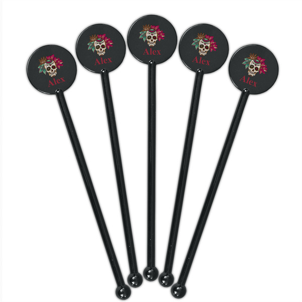 Sugar Skulls & Flowers Black Plastic 5.5" Stir Stick - Round - Fan View