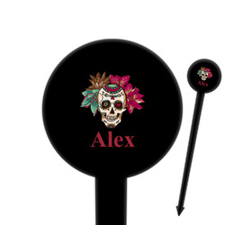 Sugar Skulls & Flowers 6" Round Plastic Food Picks - Black - Double Sided (Personalized)