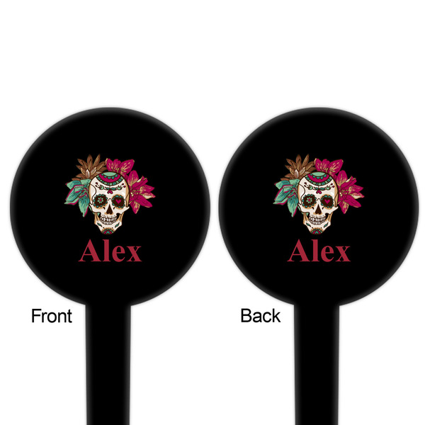 Sugar Skulls & Flowers Black Plastic 6" Food Pick - Round - Double Sided - Front & Back