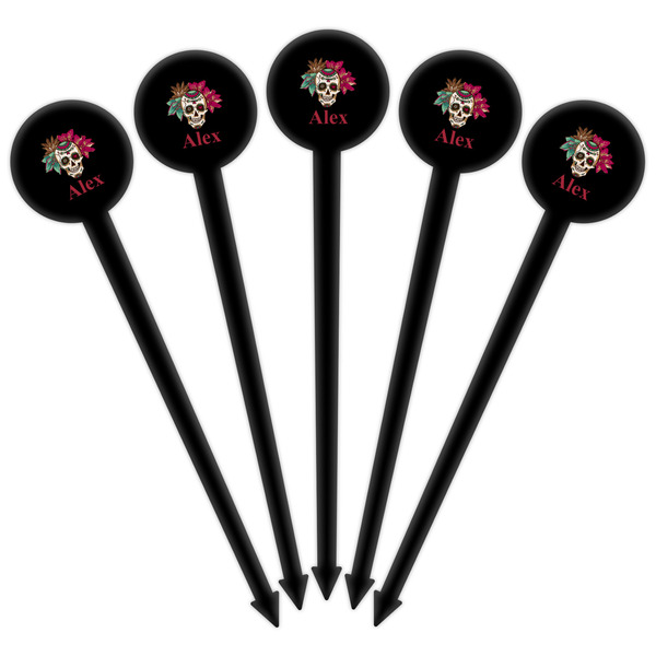 Sugar Skulls & Flowers Black Plastic 6" Food Pick - Round - Fan View