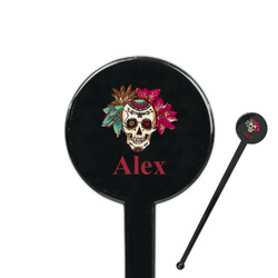 Sugar Skulls & Flowers 7" Round Plastic Stir Sticks - Black - Single Sided (Personalized)