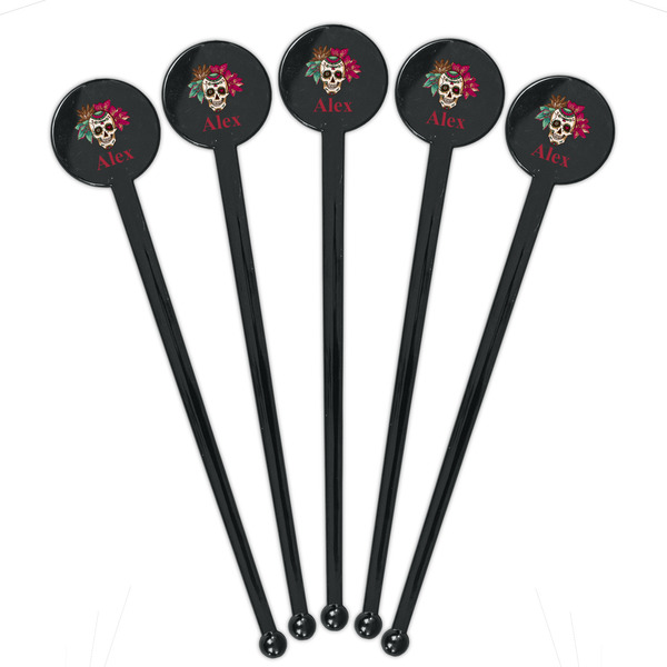Sugar Skulls & Flowers Black Plastic 7" Stir Stick - Round - Fan View