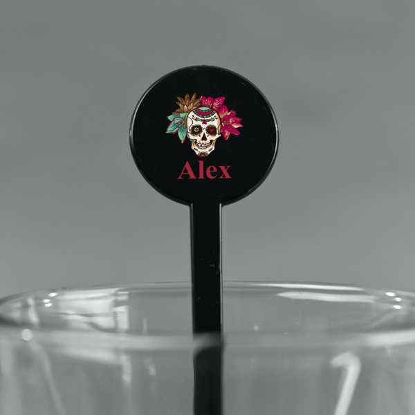 Sugar Skulls & Flowers Black Plastic 7" Stir Stick - Round - Main