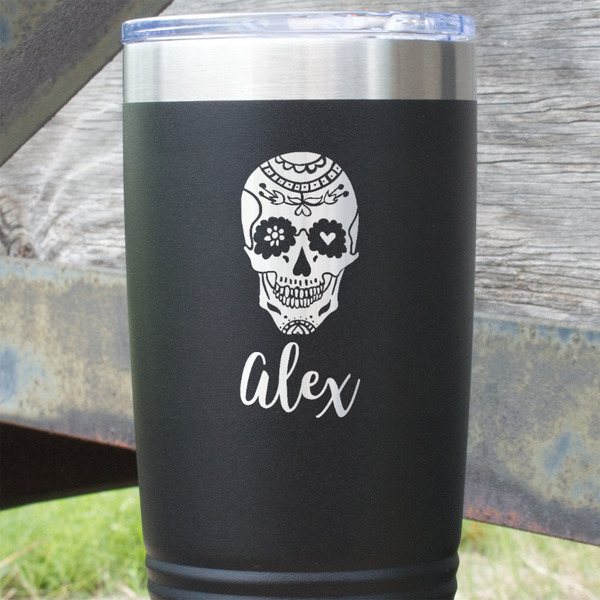 Sugar Skulls & Flowers Black Polar Camel Tumbler - 20oz - Close Up