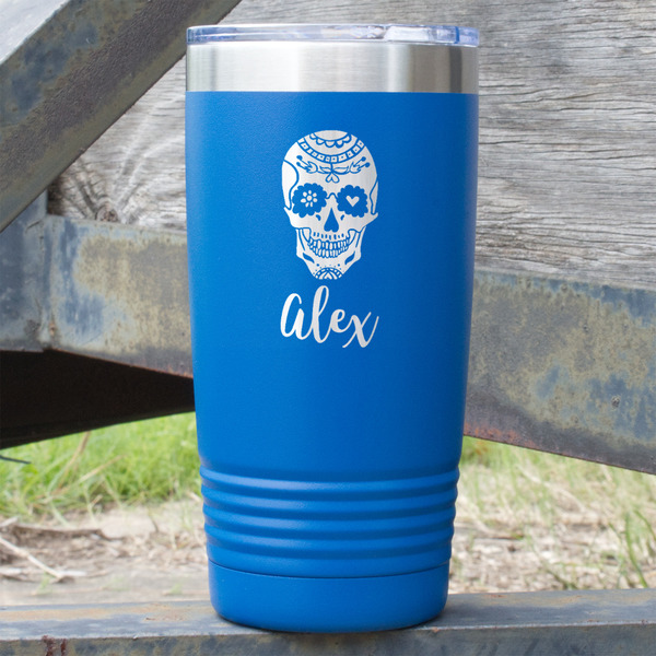 Custom Sugar Skulls & Flowers 20 oz Stainless Steel Tumbler - Royal Blue - Single Sided (Personalized)