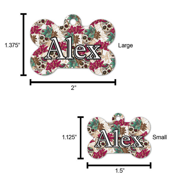 Sugar Skulls & Flowers Bone Shaped Dog ID Tag - Large - Scale