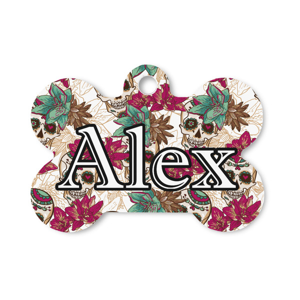 Custom Sugar Skulls & Flowers Bone Shaped Dog ID Tag - Small (Personalized)