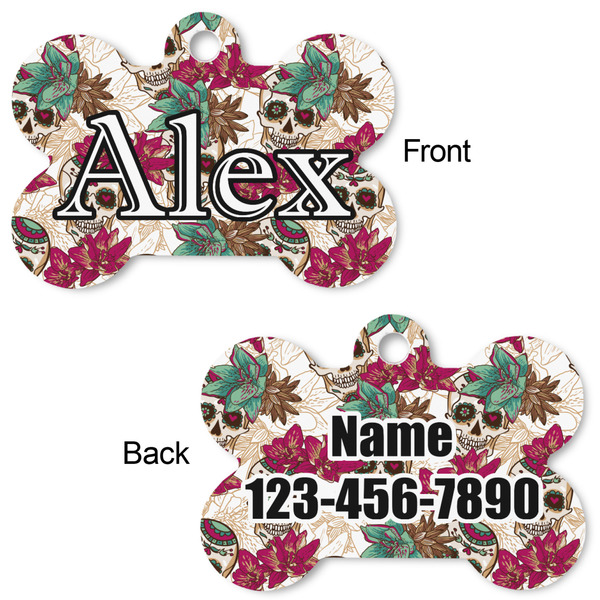 Sugar Skulls & Flowers Bone Shaped Dog Tag - Front & Back