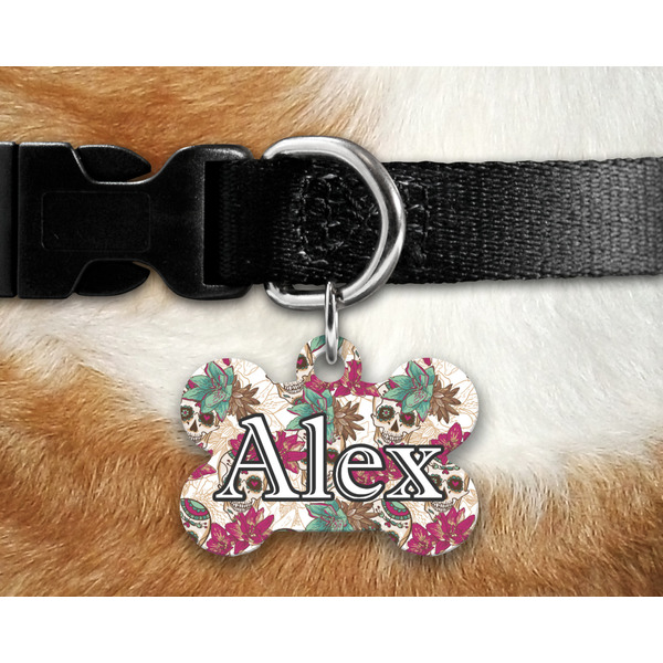 Sugar Skulls & Flowers Bone Shaped Dog Tag