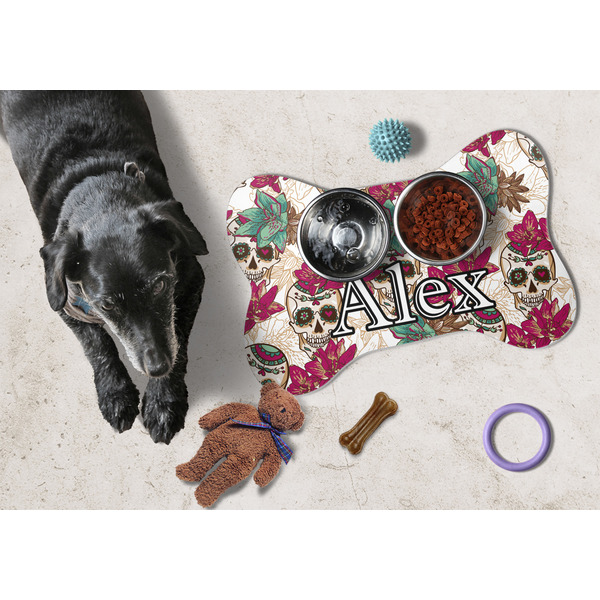 Sugar Skulls & Flowers Bone Shaped Mat w/ Food & Water