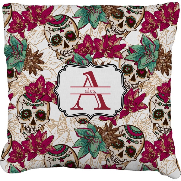 Custom Sugar Skulls & Flowers Faux-Linen Throw Pillow 18" (Personalized)