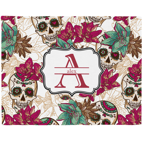 Custom Sugar Skulls & Flowers Woven Fabric Placemat - Twill w/ Name and Initial